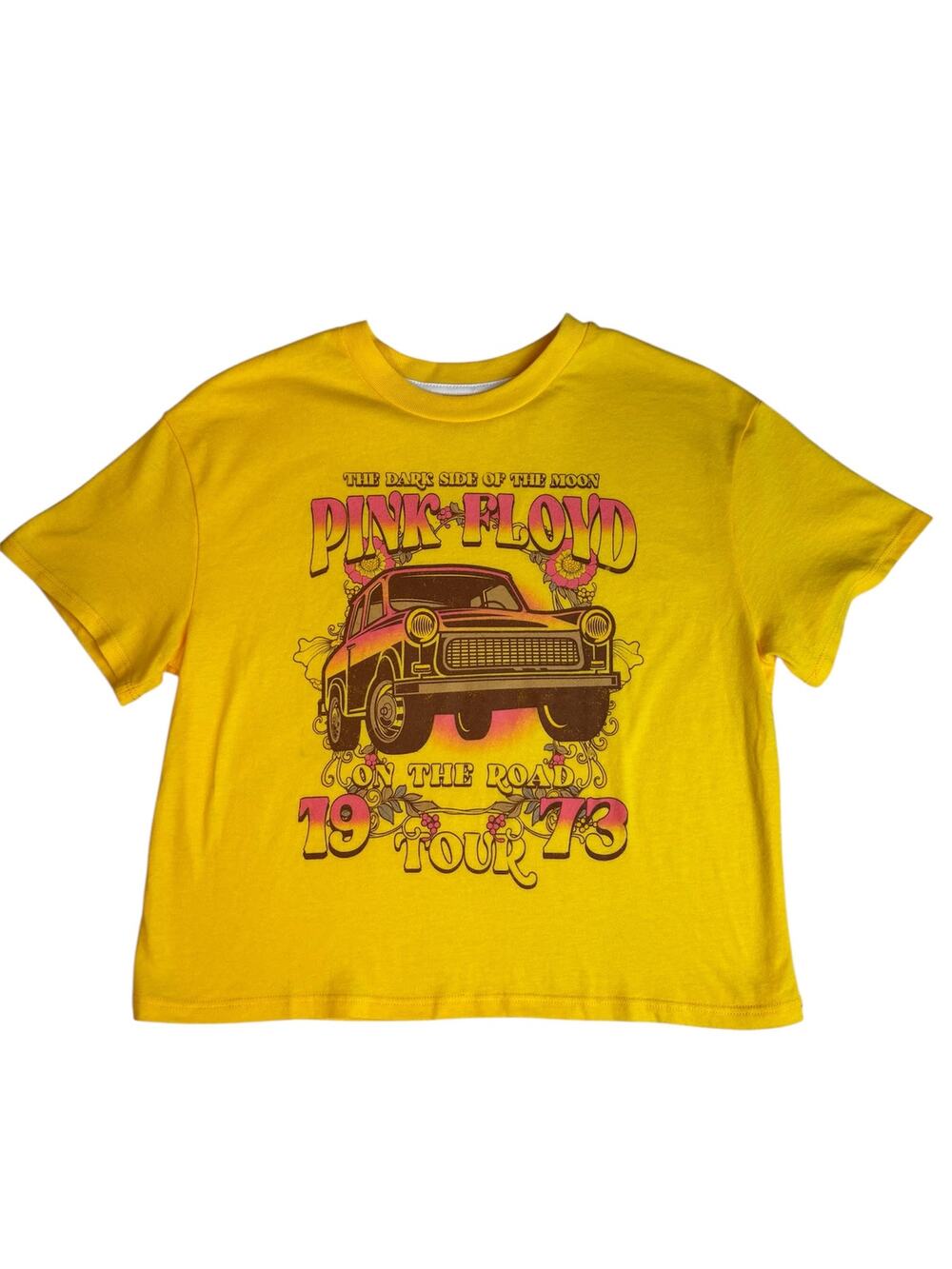 PINK FLOYD DARK SIDE OF THE MOON YELLOW CROP TOP1973 TOUR GRAPHIC T-SHIRT LARGE